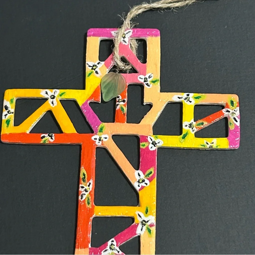Hand Painted Cross Ornament Wooden Tropical Floral with Leaf Frosted Charm